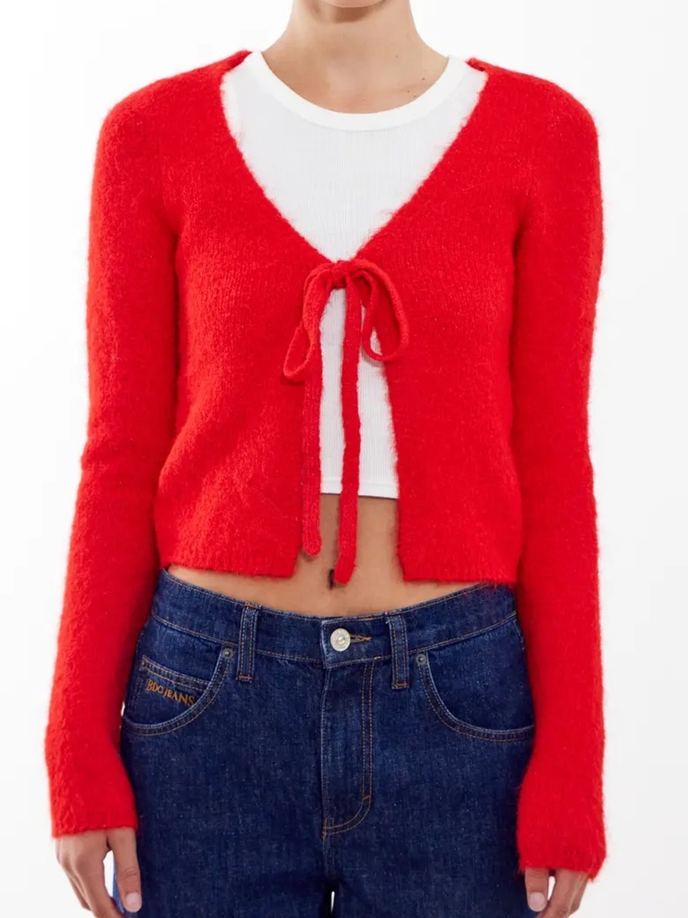BDG Bright Red Tie-Front Fuzzy Cardigan